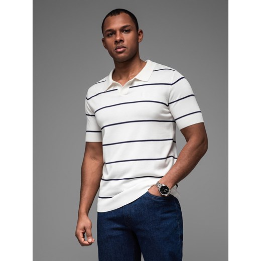 Koszulka męska polo w poziome paski z wiskozą – biało-granatowa V2 OM-POSS-0145 ze sklepu ombre w kategorii T-shirty męskie - zdjęcie 179682828