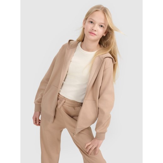 Dziewczęca bluza dresowa z kapturem rozpinana 4F 4FJWSS25TSWSF1853 - beżowa ze sklepu Sportstylestory.com w kategorii Bluzy dziewczęce - zdjęcie 179684959