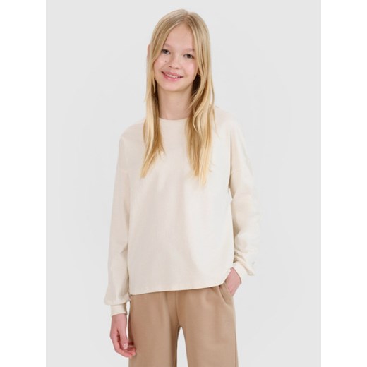 Dziewczęcy longsleeve gładki 4F 4FJWSS25TLONF377 - beżowy ze sklepu Sportstylestory.com w kategorii Bluzki dziewczęce - zdjęcie 179708147