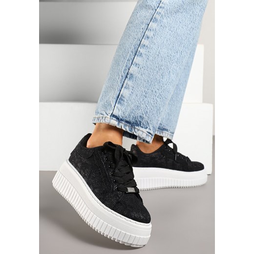 Czarne Sneakersy na Grubej Tłoczonej Podeszwie z Brokatem Lalema ze sklepu born2be.pl w kategorii Buty sportowe damskie - zdjęcie 179713917