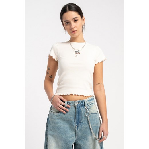 Kremowy crop top z minimalistycznym haftem, kolor - kremowy, rozmiar - 140 ze sklepu REPORTER w kategorii Bluzki dziewczęce - zdjęcie 179714557