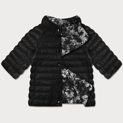 Dwustronna kurtka damska plus size z rękawem 3/4 Minority czarna/kwiaty (M23-7010-1) ze sklepu goodlookin.pl w kategorii Kurtki damskie - zdjęcie 179730759