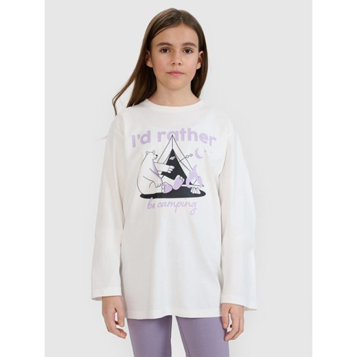 Dziewczęcy longsleeve z nadrukiem 4F 4FJRSS25TLONF542 - biały ze sklepu Sportstylestory.com w kategorii Bluzki dziewczęce - zdjęcie 179732808