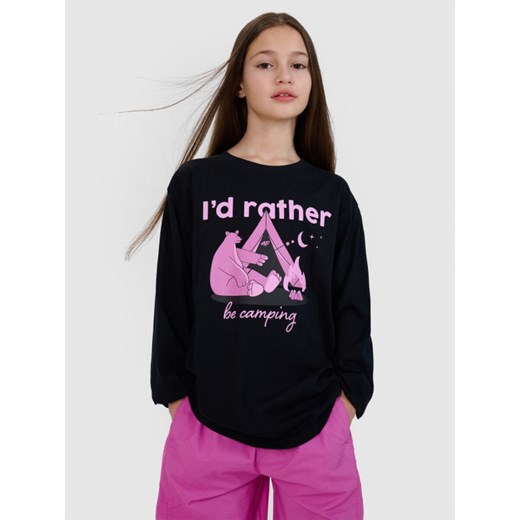 Dziewczęcy longsleeve z nadrukiem 4F 4FJRSS25TLONF542 - czarny ze sklepu Sportstylestory.com w kategorii Bluzki dziewczęce - zdjęcie 179732815
