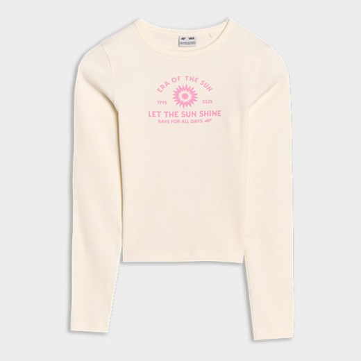 Dziewczęcy longsleeve slim z nadrukiem 4F 4FJRSS25TLONF537 - biały ze sklepu Sportstylestory.com w kategorii Bluzki dziewczęce - zdjęcie 179733097
