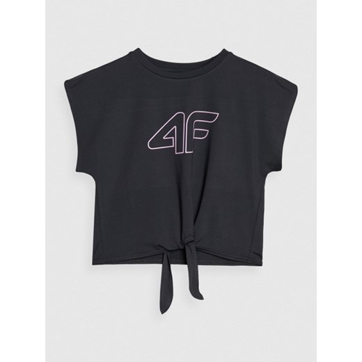 Dziewczęcy crop top sportowy z nadrukiem 4F 4FJWSS25TFTSF1184 - czarny ze sklepu Sportstylestory.com w kategorii Bluzki dziewczęce - zdjęcie 179733198