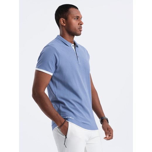 Męska bawełniana koszulka polo z kontrastowymi wykończeniami – niebieska V3 OM-POSS-0113 ze sklepu ombre w kategorii T-shirty męskie - zdjęcie 179746427