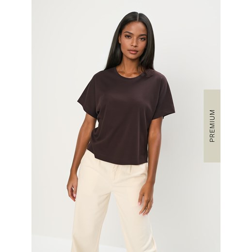 Mohito - T-shirt z merceryzowanej bawełny - ciemno brązowy ze sklepu Mohito w kategorii Bluzki damskie - zdjęcie 179749515