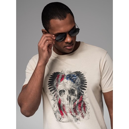 Bawełniany t-shirt męski z nadrukiem w stylu rockowym – kremowy V1 OM-TSPT-0199 ze sklepu ombre w kategorii T-shirty męskie - zdjęcie 179750149
