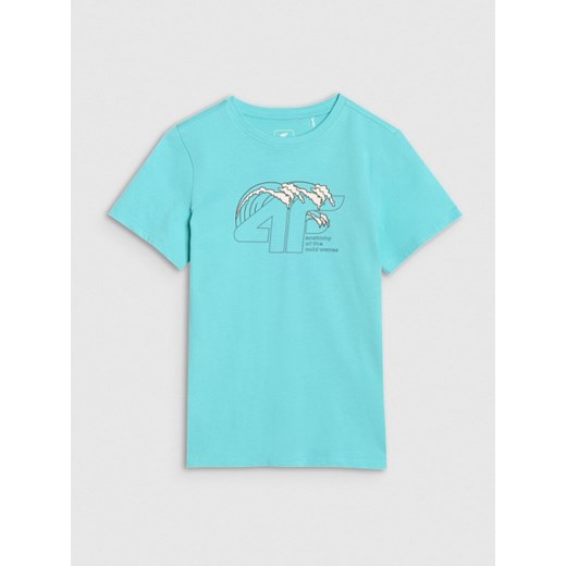 Chłopięcy t-shirt z nadrukiem 4F 4FJWSS25TTSHM1917 - turkusowy ze sklepu Sportstylestory.com w kategorii T-shirty chłopięce - zdjęcie 179755125