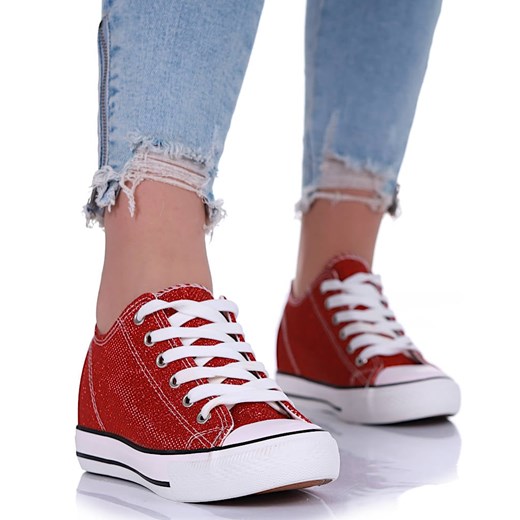 Czerwone wiązane trampki sneakersy na niskim koturnie /F6-3 13522 T8-6/ ze sklepu Pantofelek24.pl w kategorii Trampki damskie - zdjęcie 179757917