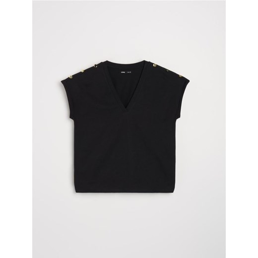 Czarna bluzka damska Sinsay z krótkim rękawem z dekoltem w serek casual 