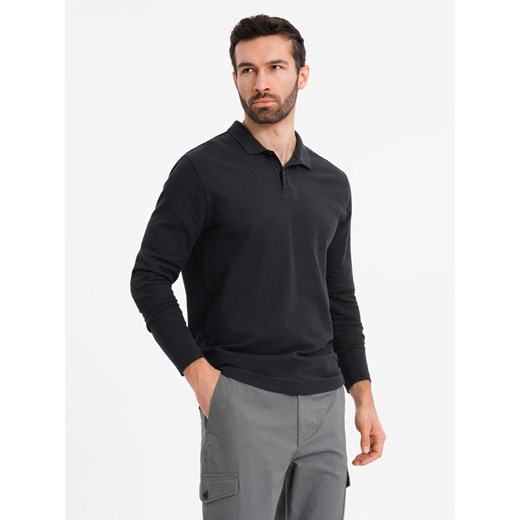 Longsleeve męski z kołnierzykiem polo BASIC – czarny V2 OM-POBL-0114 ze sklepu ombre w kategorii T-shirty męskie - zdjęcie 179770115