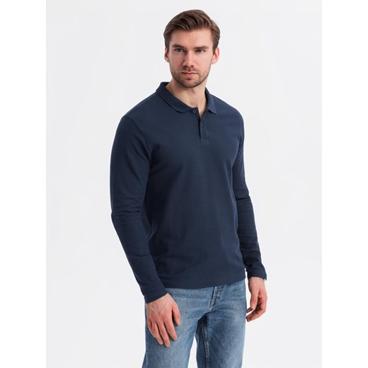 Męski longsleeve BASIC z kołnierzykiem polo – granatowy V3 OM-POBL-0114 ze sklepu ombre w kategorii T-shirty męskie - zdjęcie 179770119