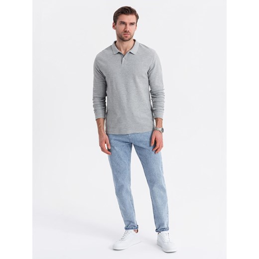 Męski longsleeve z kołnierzykiem polo BASIC – szary melanż V4 OM-POBL-0114 ze sklepu ombre w kategorii T-shirty męskie - zdjęcie 179770127