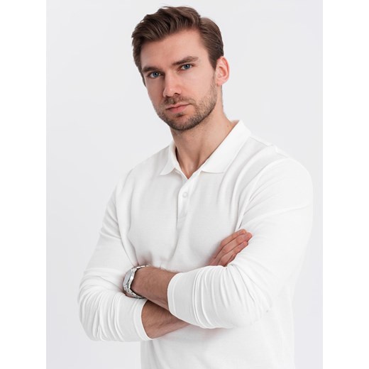 Longsleeve męski BASIC z kołnierzykiem polo – biały V1 OM-POBL-0114 ze sklepu ombre w kategorii T-shirty męskie - zdjęcie 179770138