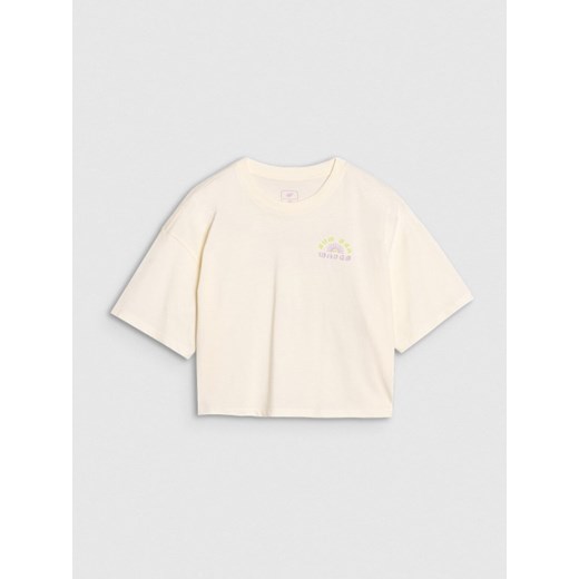Dziewczęcy t-shirt crop top z nadrukiem 4F 4FJWSS25TTSHF1868 - biały ze sklepu Sportstylestory.com w kategorii Bluzki dziewczęce - zdjęcie 179791967
