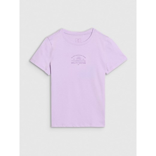 Dziewczęcy t-shirt z nadrukiem 4F 4FJWSS25TTSHF1871 - fioletowy ze sklepu Sportstylestory.com w kategorii Bluzki dziewczęce - zdjęcie 179792188