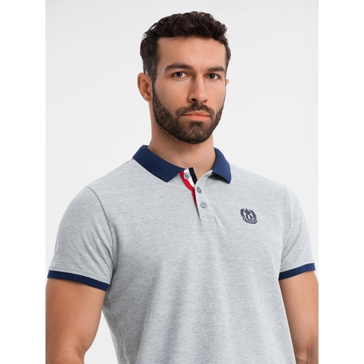 Męska koszulka polo z kolorowymi akcentami – szary melanż V1 OM-POSS-0105 ze sklepu ombre w kategorii T-shirty męskie - zdjęcie 179819128