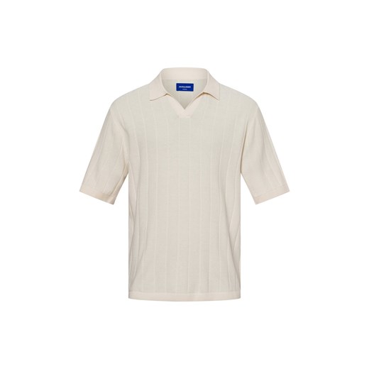 Jack & Jones Męska koszulka polo z dzianiny - Jorvarenna Knit SS Split Neck Mężczyźni Bawełna écru jednolity ze sklepu vangraaf w kategorii Swetry męskie - zdjęcie 179819177