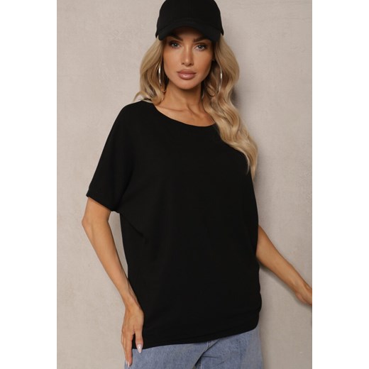 Czarny Bawełniany T-shirt Oversize z Krótkim Rękawem i Dłuższym Tyłem Zanimara ze sklepu renee.pl w kategorii Bluzki damskie - zdjęcie 179839088