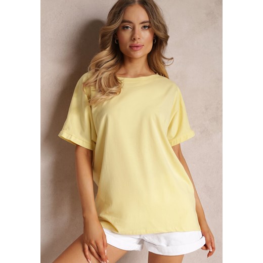 Żółty Bawełniany T-shirt Oversize z Krótkim Rękawem i Dłuższym Tyłem Zanimara ze sklepu renee.pl w kategorii Bluzki damskie - zdjęcie 179839098