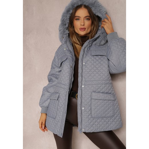 Jasnoniebieska Kurtka z Futrzanym Kapturem i Drobnym Pikowaniem Obtashe Renee S renee.pl promocja