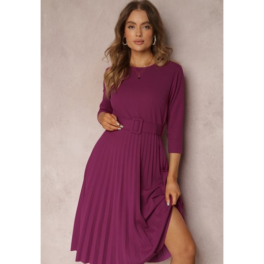 Fioletowa Sukienka Plisowana z Paskiem Valffe Renee ONE SIZE wyprzedaż renee.pl