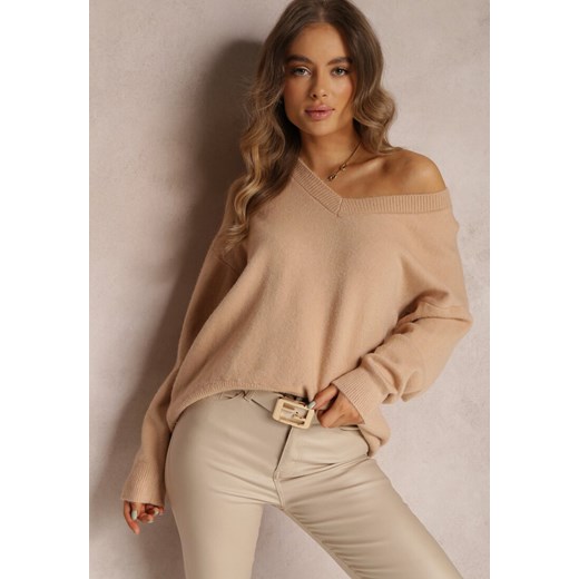 Jasnobeżowy Sweter z Wiskozy Oversize Conime ze sklepu renee.pl w kategorii Swetry damskie - zdjęcie 179850088