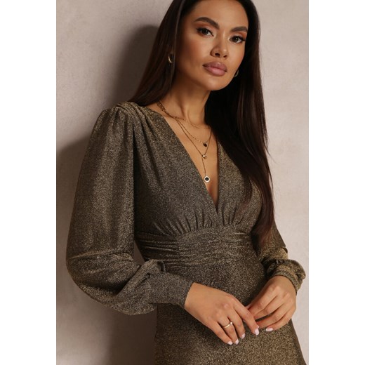 Złota Sukienka Wieczorowa z Głębokim Dekoltem Phaly Renee S promocja renee.pl