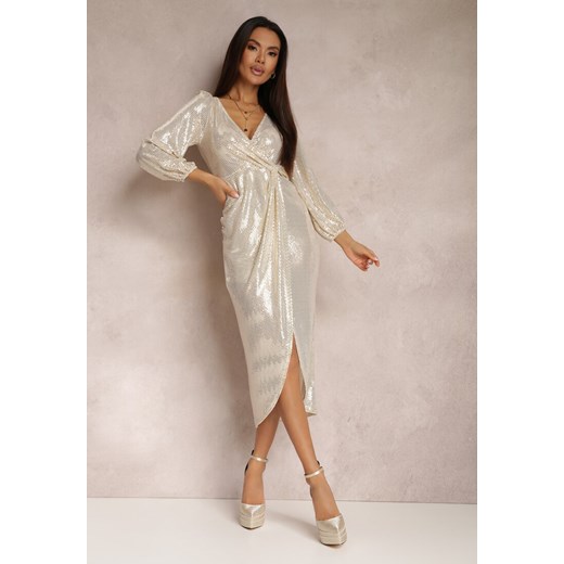 Złota Sukienka Kopertowa z Cekinami Netine Renee XS okazja renee.pl
