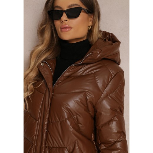 Ciemnobrązowa Kurtka Pikowana z Kapturem Greentry Renee L okazyjna cena renee.pl
