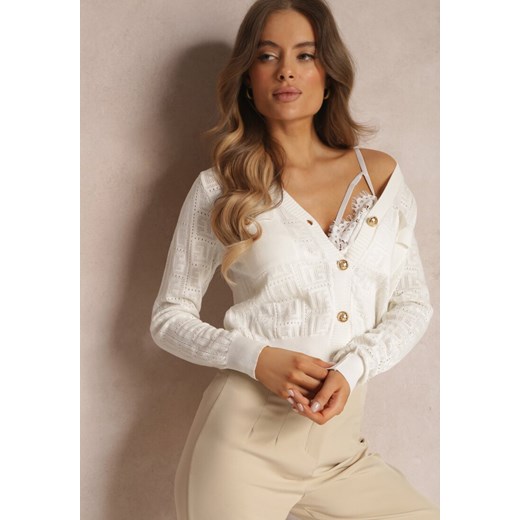 Sweter damski biały Renee w geometryczne wzory w serek 