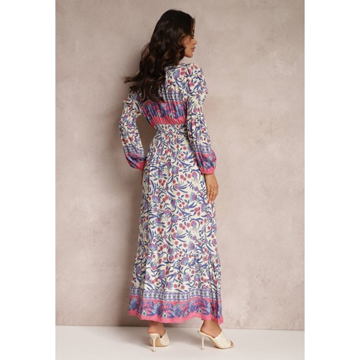 Beżowo-Niebieska Sukienka Maxi w Kwiaty z Wiskozy Vellu Renee S wyprzedaż renee.pl