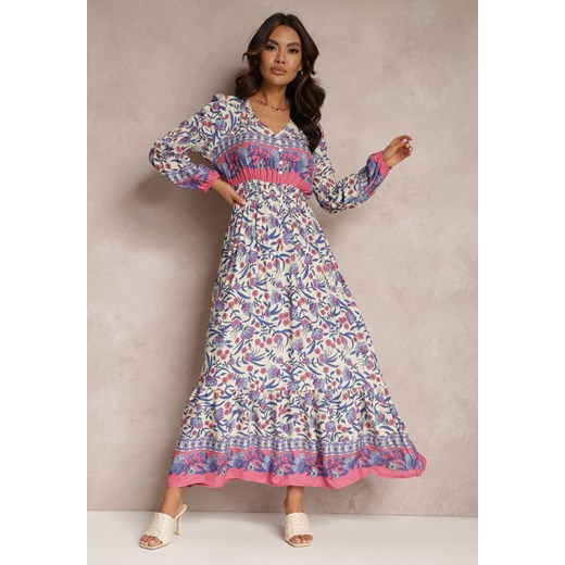 Beżowo-Niebieska Sukienka Maxi w Kwiaty z Wiskozy Vellu Renee S promocja renee.pl