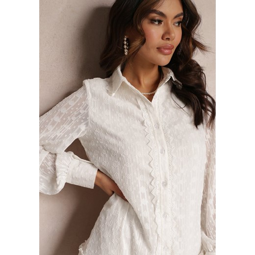 Biała Koronkowa Sukienka Koszulowa z Falbanką Saniah Renee L wyprzedaż renee.pl