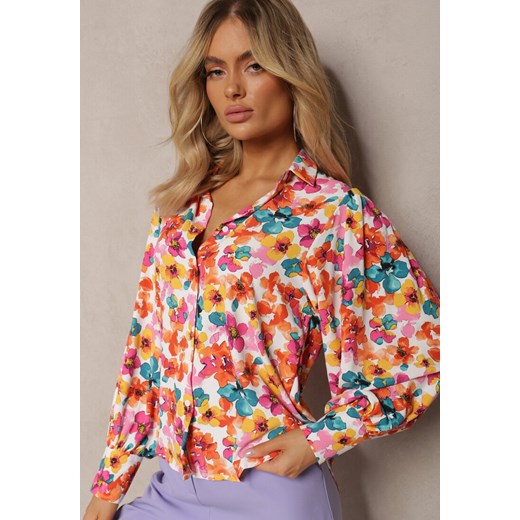 Biało-Pomarańczowa Kwiecista Koszula z Guzikami Phello Renee M okazja renee.pl