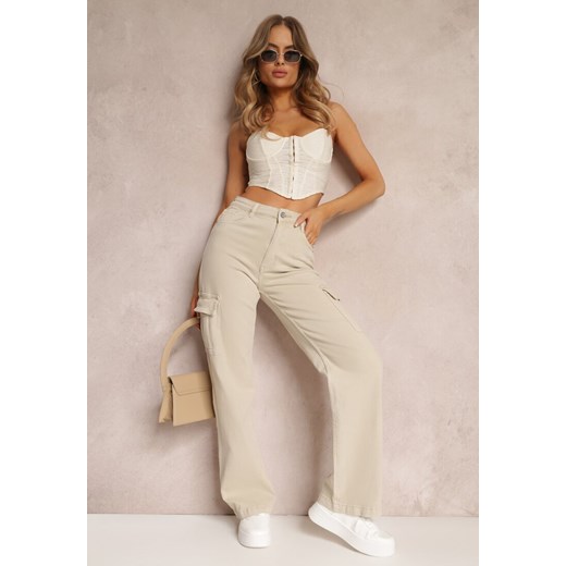 Jasnobeżowe Jeansy Cargo High Waist z Kieszeniami Anora ze sklepu renee.pl w kategorii Jeansy damskie - zdjęcie 179853419