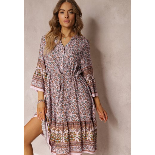 Sukienka Renee wielokolorowa z dekoltem w serek z długimi rękawami midi casual w kwiaty
