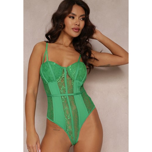 Zielone Body z Delikatnej Koronki na Regulowanych Ramiączkach Aliphne ze sklepu renee.pl w kategorii Body damskie - zdjęcie 179858786