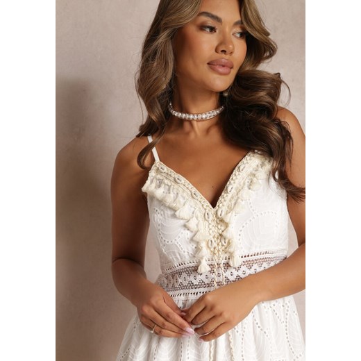 Biała Koronkowa Sukienka Maxi z Ozdobnym Dekoltem i Cienkimi Gumkami Hogdeiess Renee S renee.pl wyprzedaż