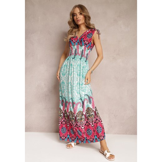 Miętowo-Fuksjowa Sukienka Maxi w Stylu Boho z Gumką w Pasie Bernette ze sklepu renee.pl w kategorii Sukienki - zdjęcie 179864576