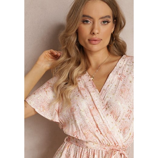 Jasnobeżowa Wiskozowa Sukienka z Metalicznym Wzorem i Gumką w Pasie Carinalia Renee M wyprzedaż renee.pl