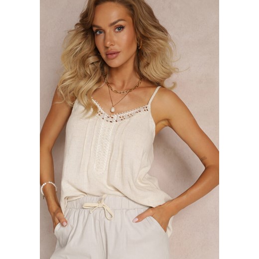Beżowy Top Bawełniany z Lnem i Koronką Jakasa Renee S renee.pl okazja