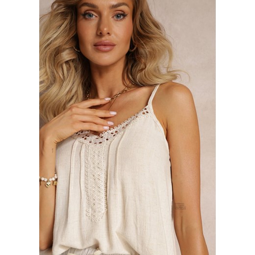 Beżowy Top Bawełniany z Lnem i Koronką Jakasa Renee S okazja renee.pl