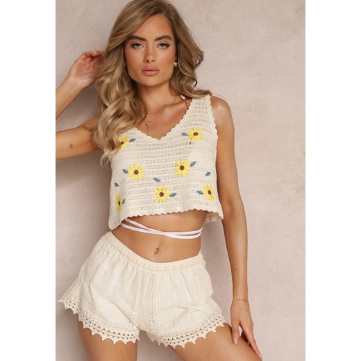 Beżowy Haftowany Top w Kwiaty z Bawełny Brianda Renee ONE SIZE okazja renee.pl