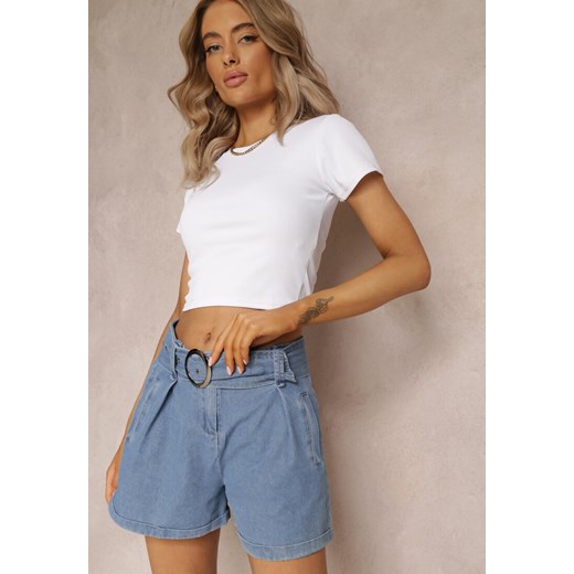 Granatowe Szorty High Waist z Bawełny Ozdobione Paskiem z Klamrą Dasslina ze sklepu renee.pl w kategorii Szorty - zdjęcie 179868925