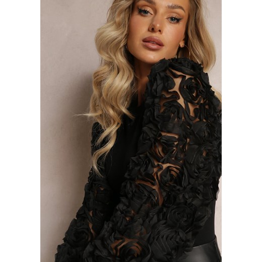 Czarny Dopasowany Sweter z Bufiastymi Zdobionymi Rękawami Theoris Renee S okazja renee.pl