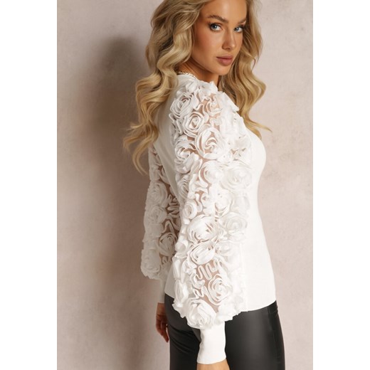 Biały Dopasowany Sweter z Bufiastymi Zdobionymi Rękawami Theoris Renee S renee.pl wyprzedaż