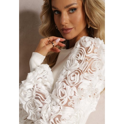 Biały Dopasowany Sweter z Bufiastymi Zdobionymi Rękawami Theoris Renee S okazyjna cena renee.pl